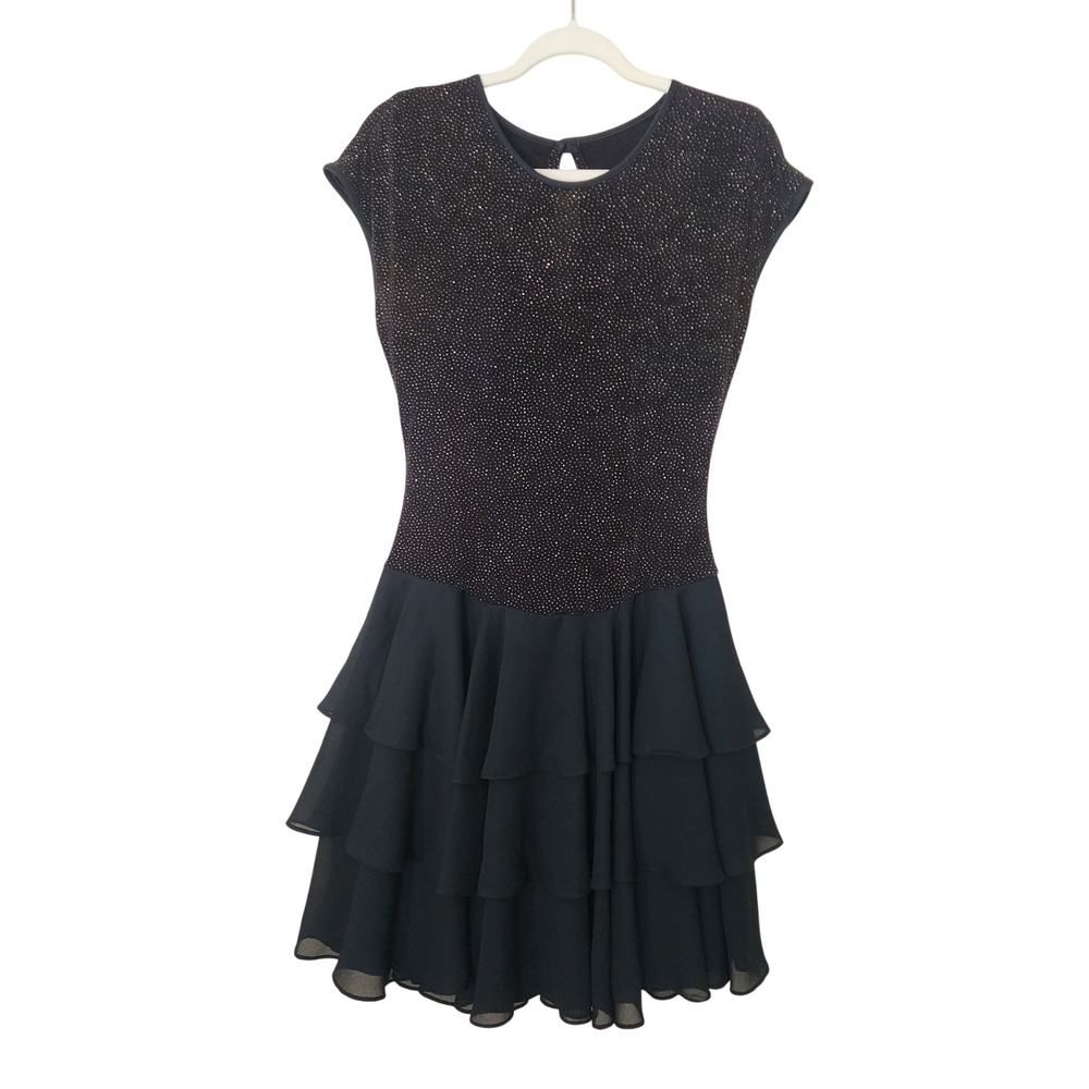 Black Shimmer Metallic Dot Tiered Ruffle Skirt Cocktail Dress Cap Sleeve 0188